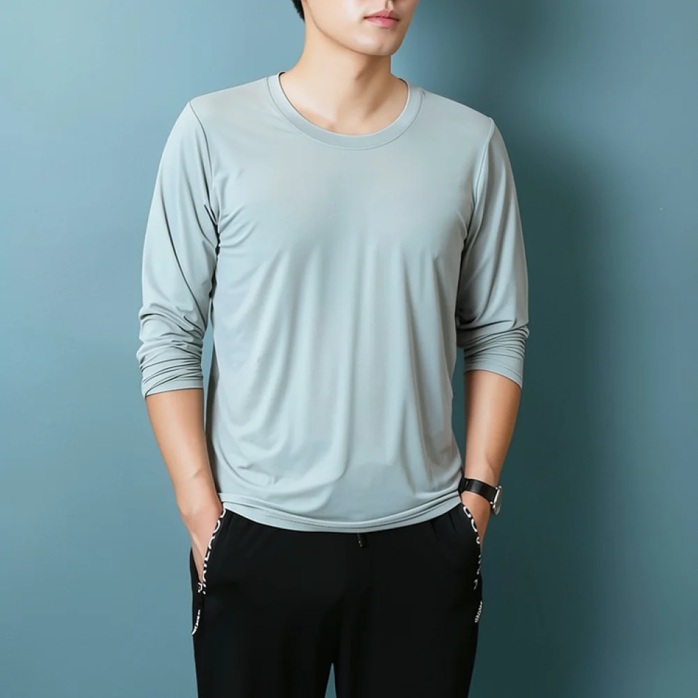 Mens Long Sleeve T Shirt Casual Breathable Summer Base Layer Loose Fit Solid Color Outdoor Fitness Quick Dry Sports Top