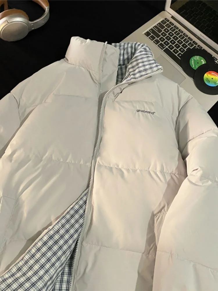 

Двусторонняя хлопковая куртка для мужчин: модная винтажная клетчатая повседневная свободная теплая верхняя одежда для подростков с полиэстеровым наполнителем