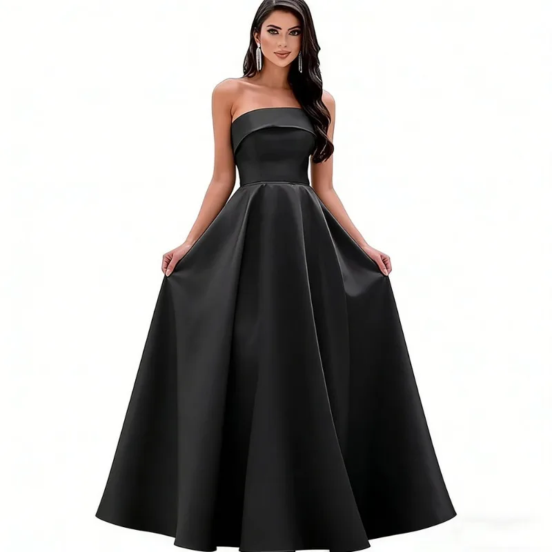 

2026 Spring/Summer Women's New Black Strapless Long Evening Dress Fashionable Slimming Back Strap Travel Photography Long Dress