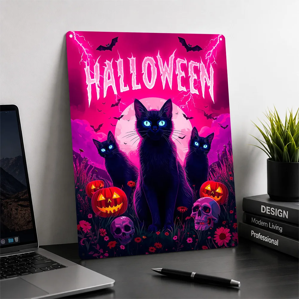 Halloween Cats With Pumpkins and Skulls Metal Poster Perfect Gift for Fans Lovers Personalized Wall Art Metal Sign for Wand Deko