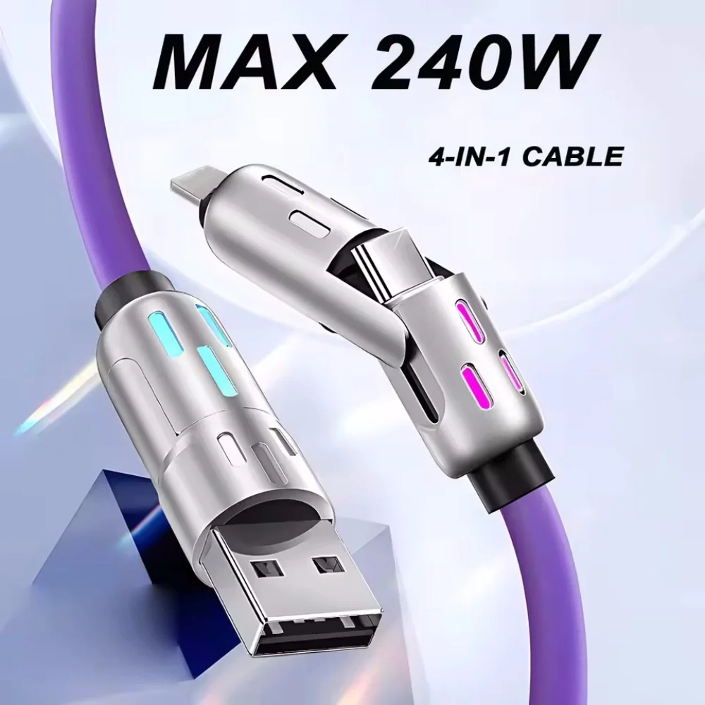 4 in 1 Multi Connectors Charger Rotating Elbow USB to Type-C 1.5m Mobile Phone 240W Fast Charging Silicone Cable Data Transfer