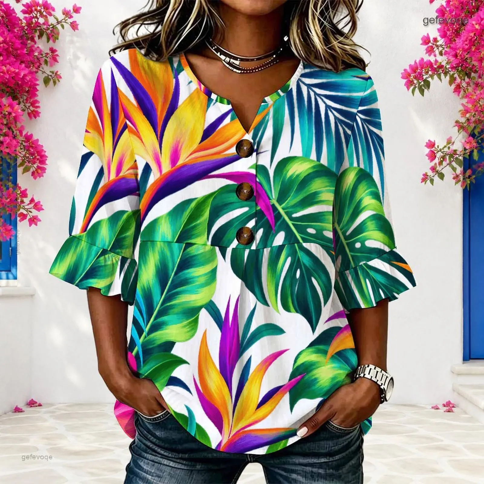 Women Tropical Leaf Printed Notch Neck 3/4 Ruffle Sleeve Button Front Blouse