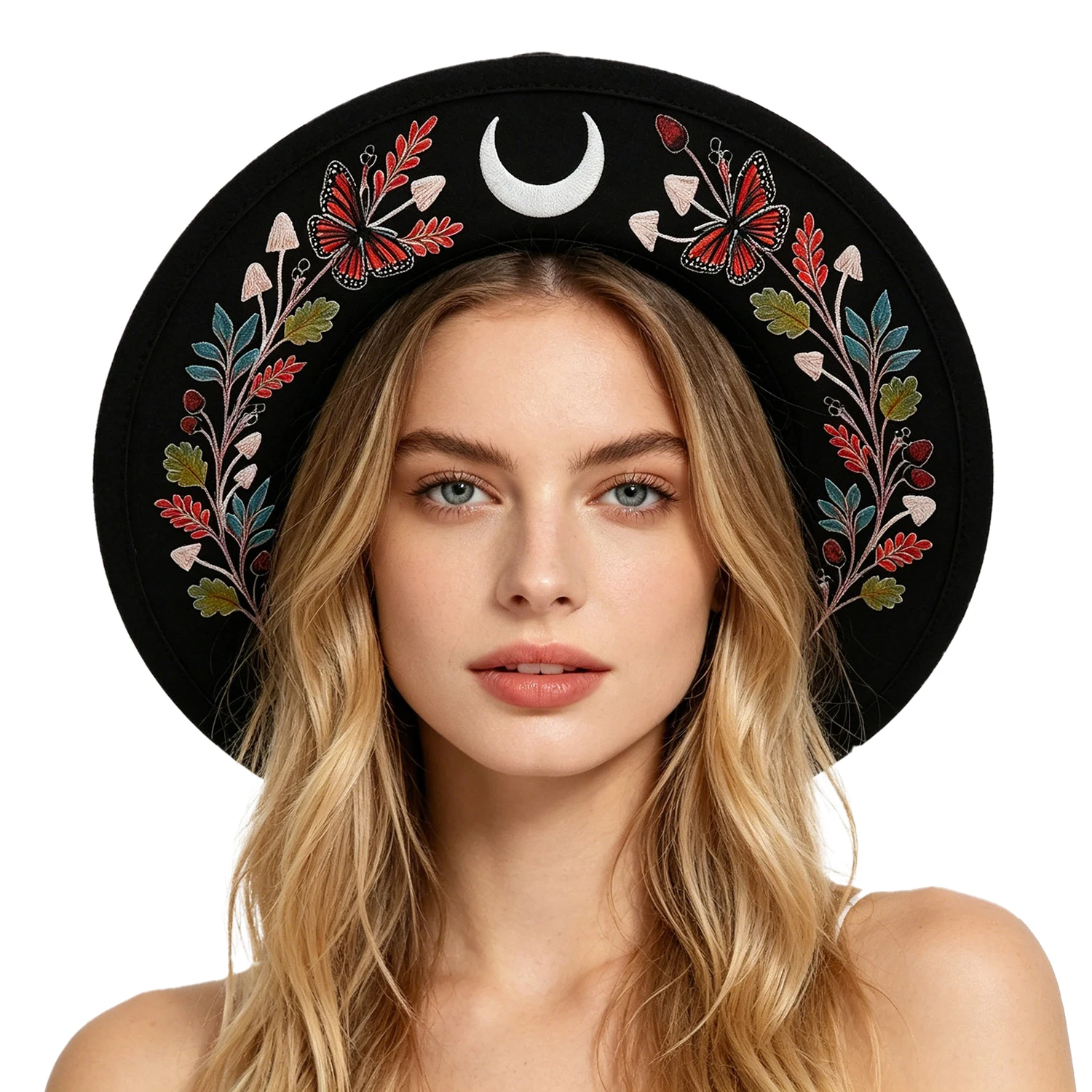 Gothic Punk Wide Brim Fedora Hat for Women Men Witch Hat Moon Crescent Butterfly Botanical Dark Academia Alternative Sun Hat