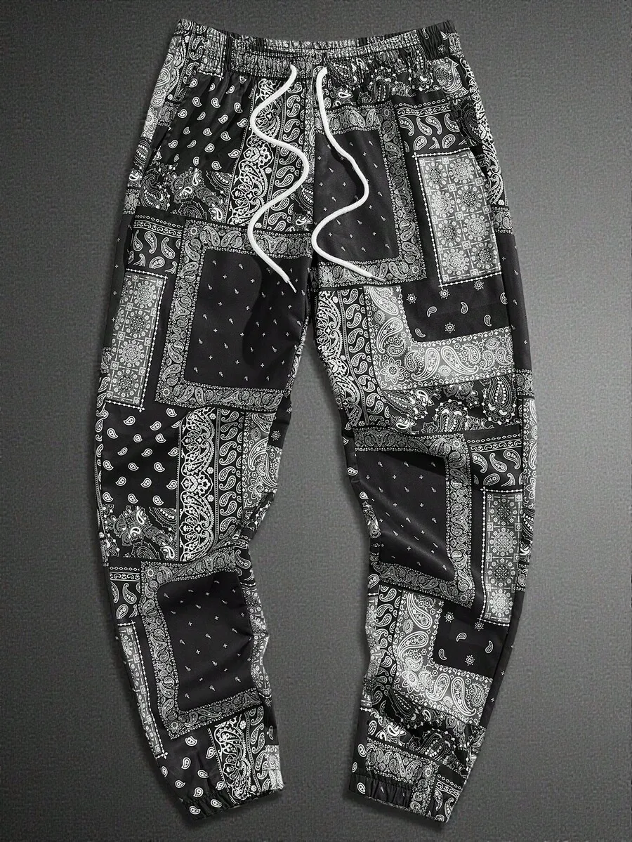 Manfinity VCAY Men Leisure Style Paisley Printed Drawstring Waist Woven Casual Pants For Vacation, For Fall, Father's Day