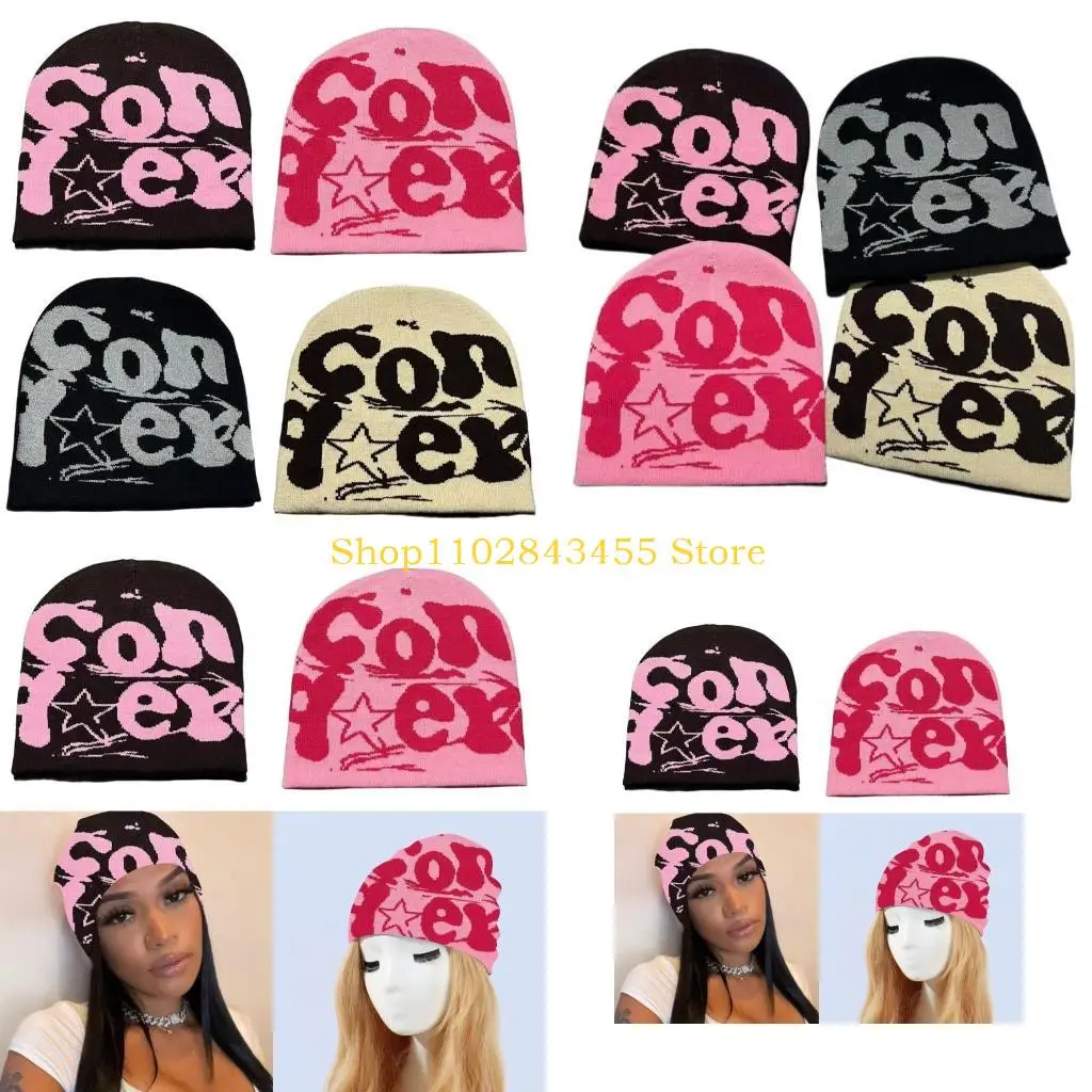 49MC Strick-Beanie mit Buchstaben für alle Altersgruppen, warme Jacquard-Mütze, Y2K-Street-Snap-Cap für Teenager, sonnenfeste
