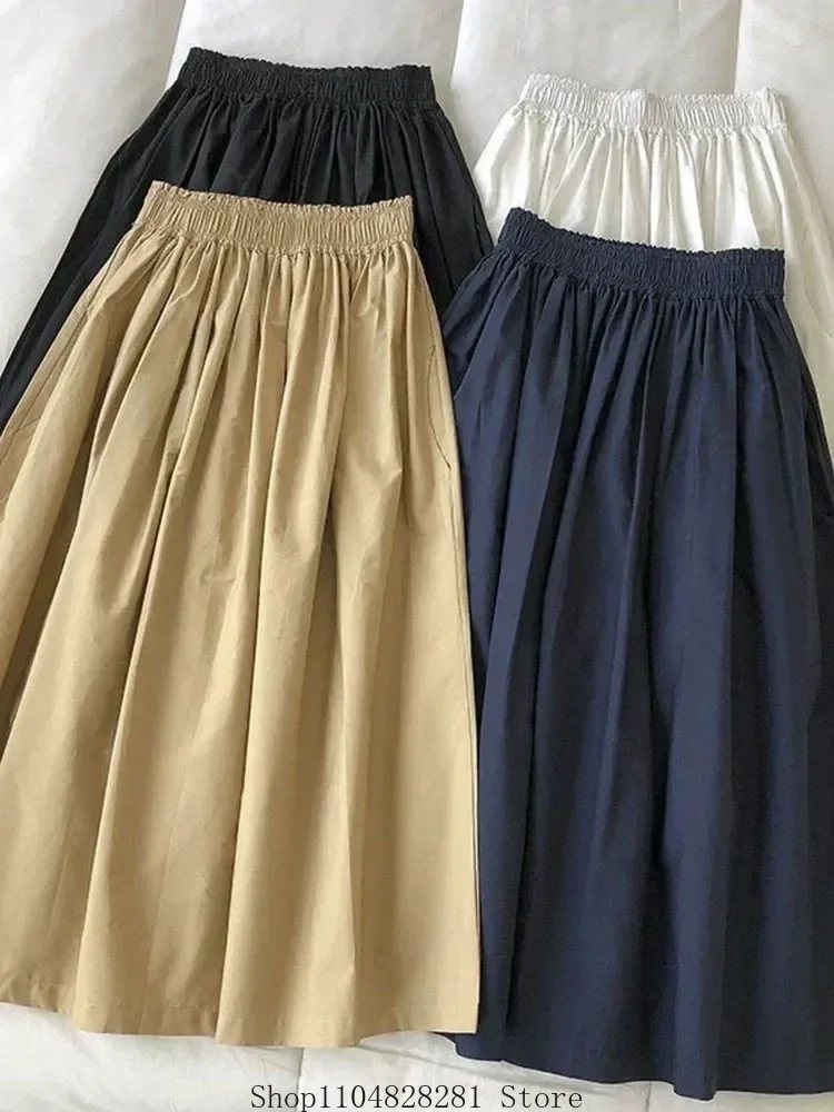 Women White Long Skirt Fashion Pockets Pleated Knee Length Skirts Autumn 2024 New Casual Elegant High Waist A Line Femme Skirts