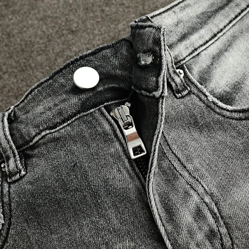 High Street Fashion Men Jeans Retro Gray Stretch Skinny Fit Leather Patched Ripped Jeans Men Brand Designer Hip Hop Denim Pants