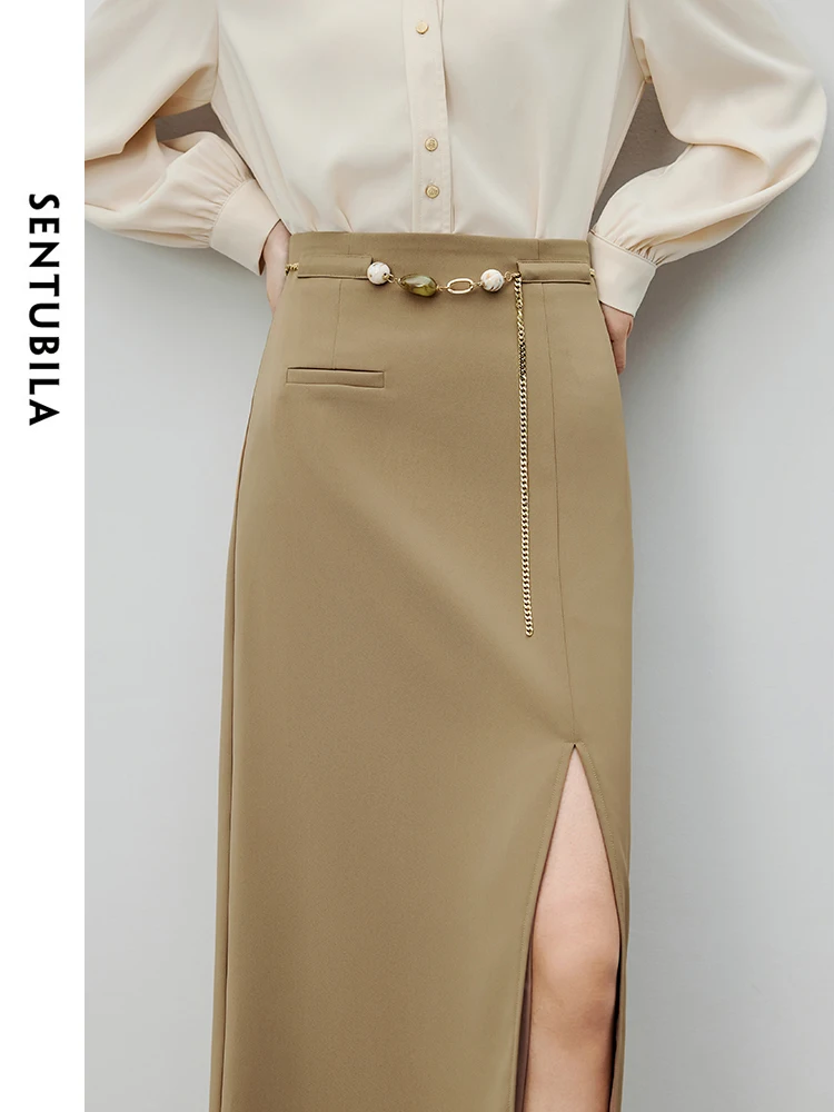 SENTUBILA Office Lady Straight Skirt for Women 2024 Autumn Beading Metal Chain Slit-hem Solid Long Skirt Women Skirt 142Q55214