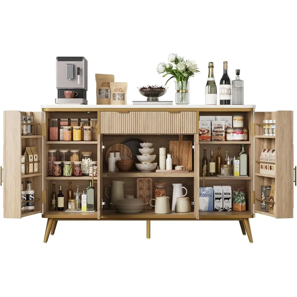 

54 Modern Coffee Bar Cabinet with Storage, Adjustable Shelves, Natural Oak Finish