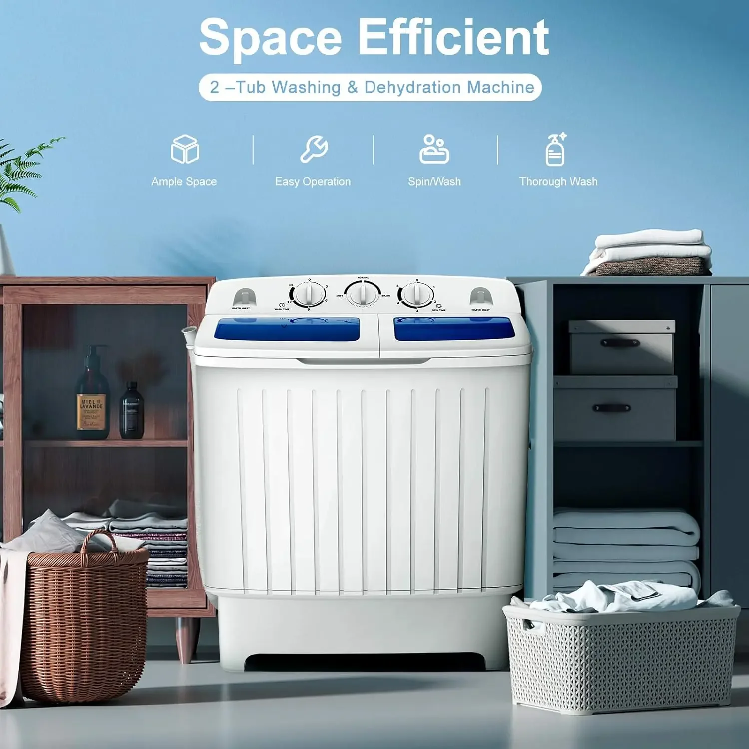 Spinner Combo, 12lbs 8lbs Spinning, Compact Twin Tub Mini Washer for Apartment RV Dorms, Blue & White Portable Washing Machine