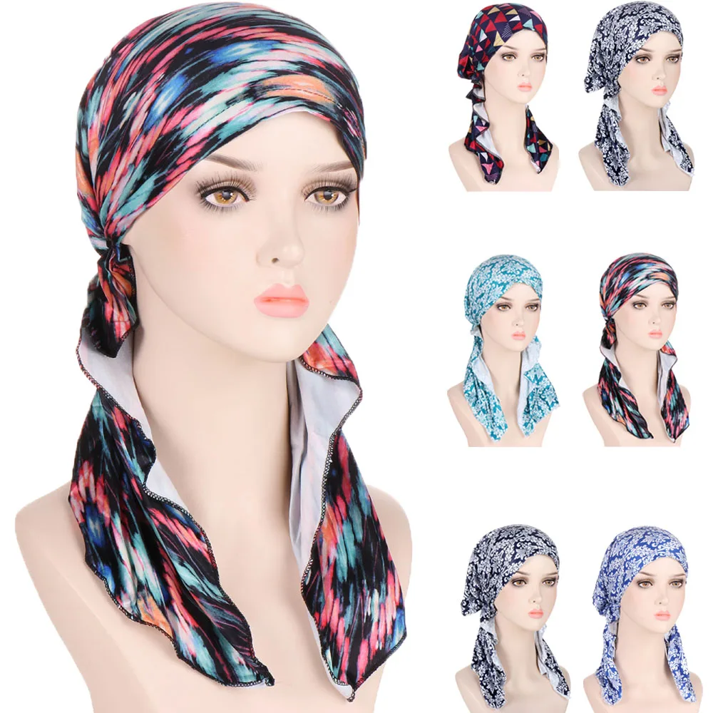 

Women Pre-Tied Chemo Cap Muslim Inner Hijab Turban Print Hat Bonnet Hair Loss Wrap Headscarf Hijab Musulman Femme Foulard Beanie