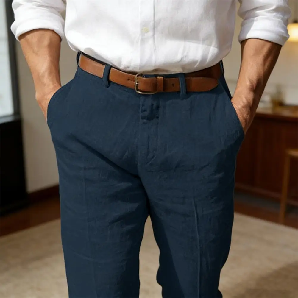 

Мужские повседневные брюки из льна, прочные, со средней посадкой, на пуговицах и молнии, прямого кроя, для путешествий