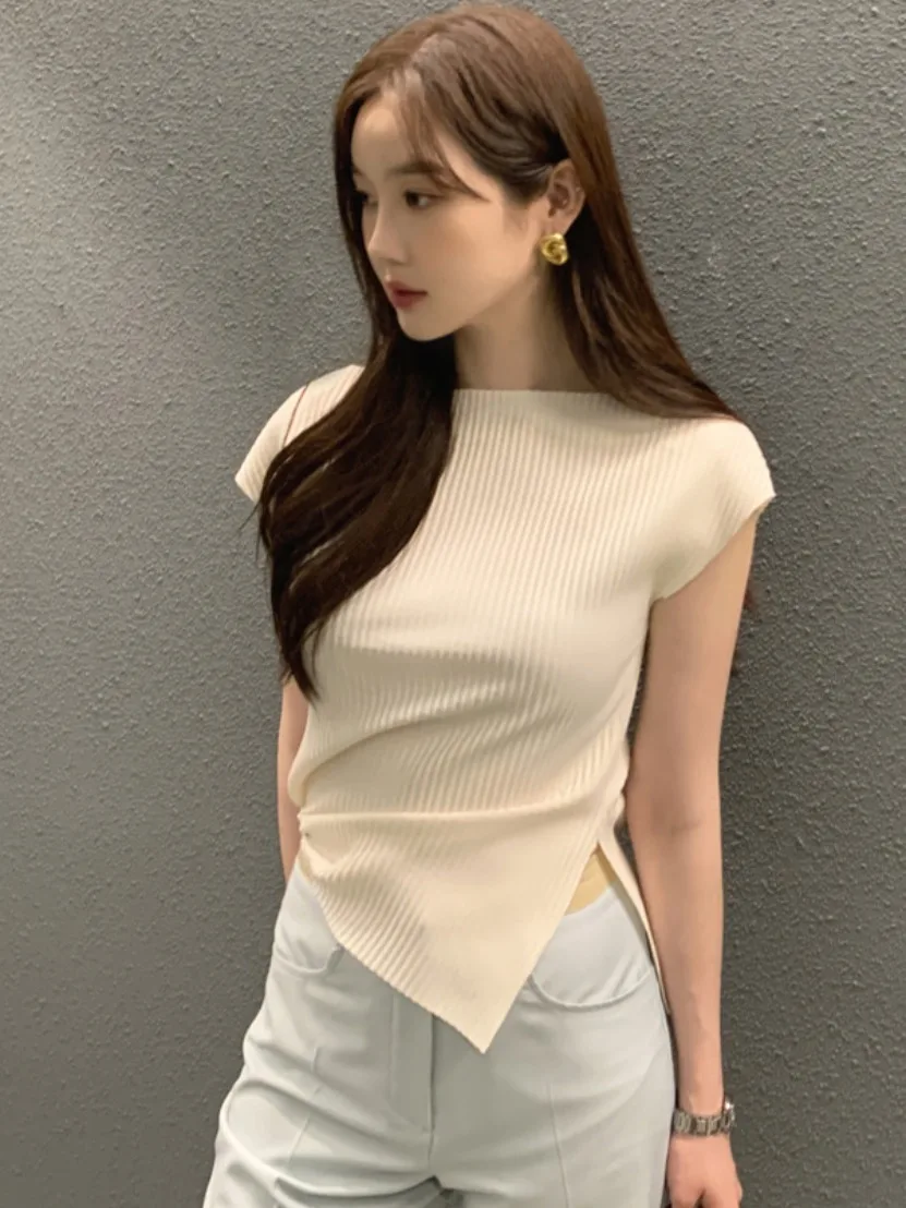 

Slim Fit ort Sve Knitted Top Women's round Ne Asymmetrical Slit Summer Chic Versatile Faionable Casual Comfortable