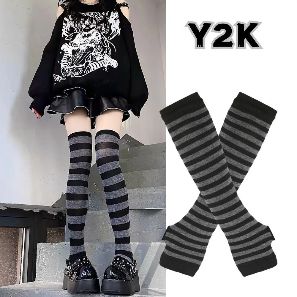 Women Gothic Punk Over Knee Long Stripe Socks Y2K 1 Set Overknee Women Girls Warm Long Stripe Socks Arm Sleeve Gloves 2024 New