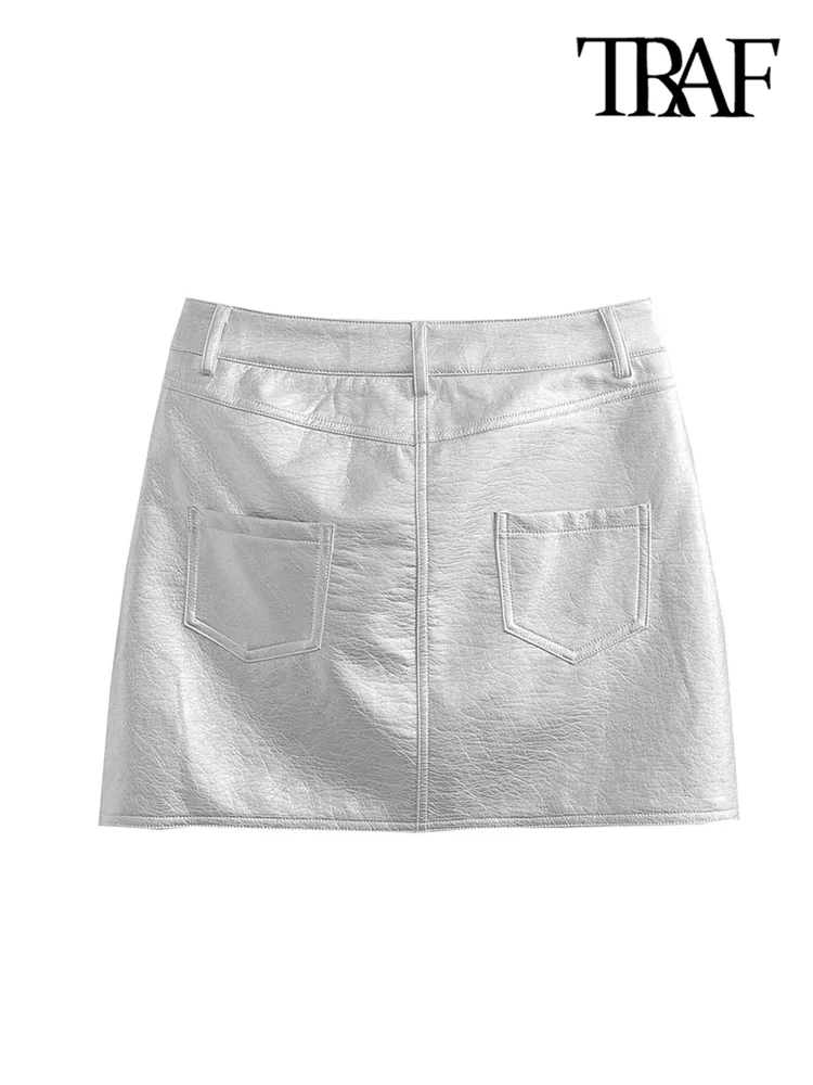 TRAF Women Fashion Front Pockets Faux Leather Silver Mini Skirt Vintage High Waist Zipper Fly Female Skirts Mujer