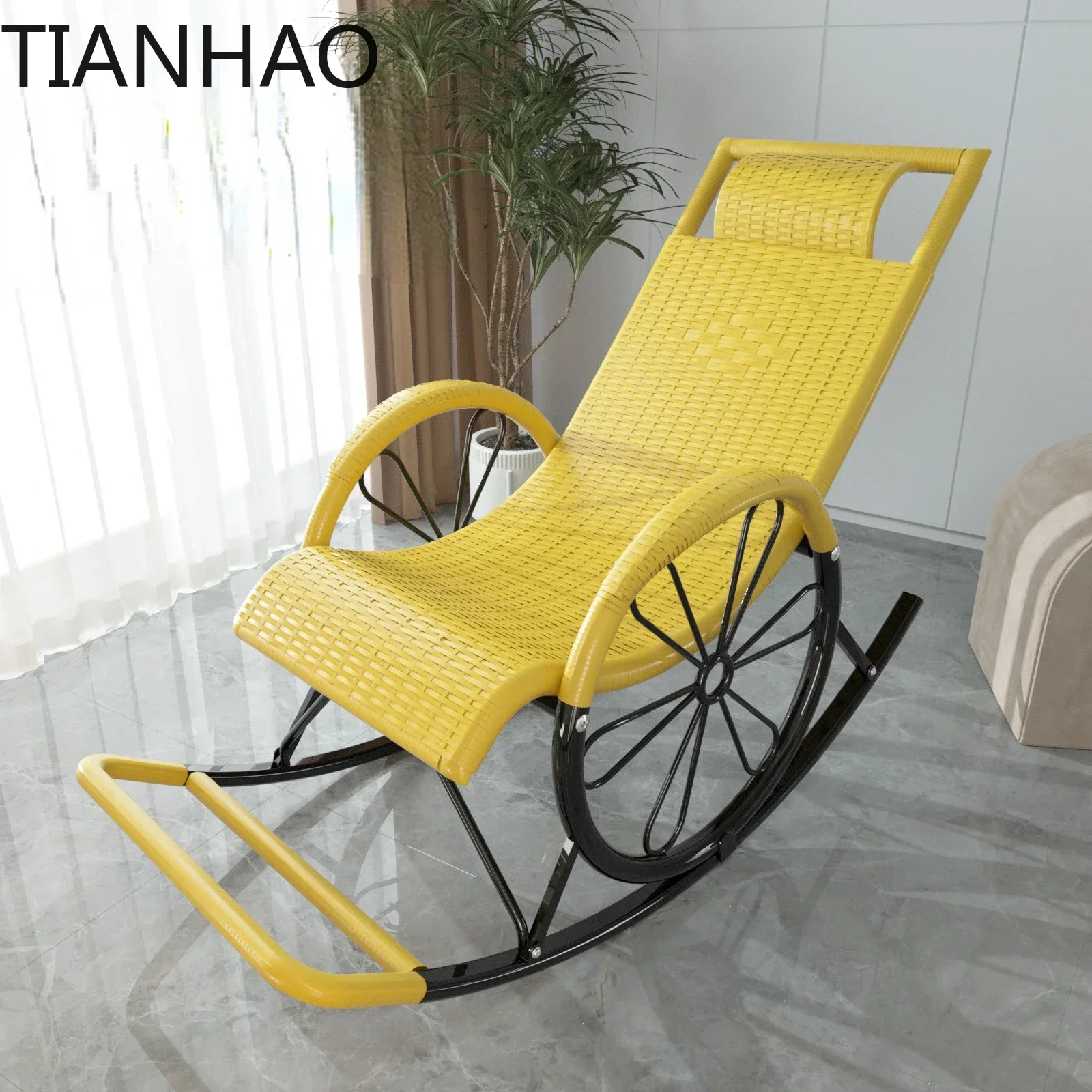 Balcony Rattan Lazy Rocking Chair – Reclining Backrest Leisure Seat for Adults, Elderly Home Rest Chair
