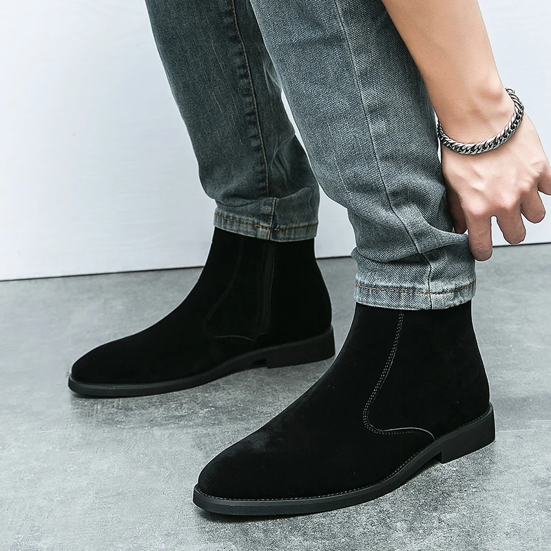 Winter Men Velvet Warm Chelsea Boots British High Top Cowboy Boots European and American Zipper Training Boots Men Sizes 38-46