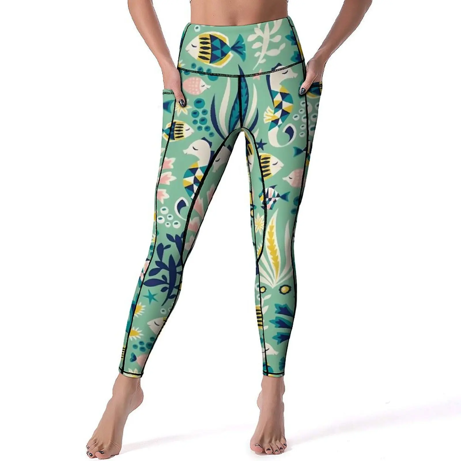 Cartoon Sea Fish Leggings Floral Print Workout Yoga Pants Female High Waist Retro Sport Pants Pockets Stretchy Yoga Legging