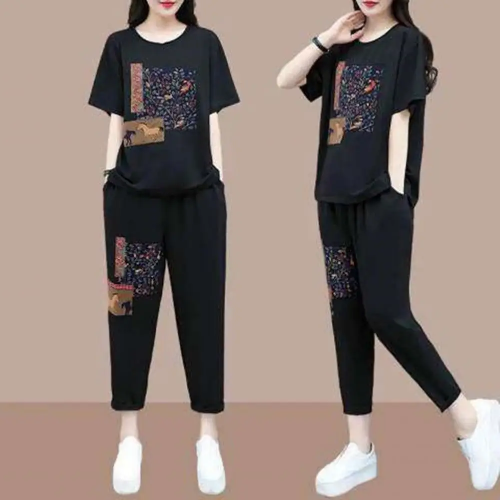 2Pcs/Set Sport Outfit Popular Stretchy Loose Outfit Mid-aged Mother Casual Printing Loose Tracksuit Daily Garment