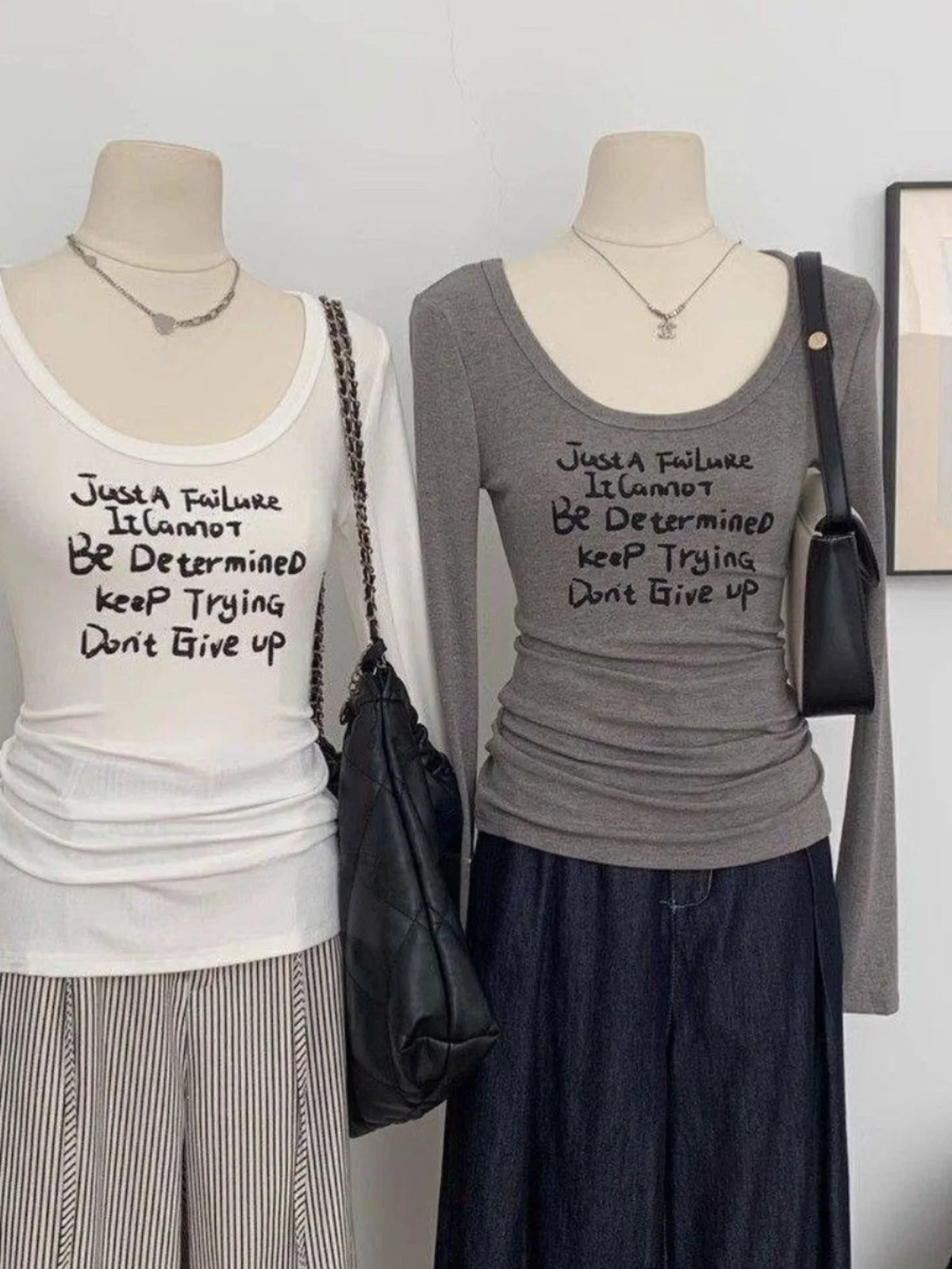 2024年秋新作万能UネックTシャツ レディース スリム セクシー ガールプリント 長袖 通勤スタイル 韓国風 レギュラーフィット 1
