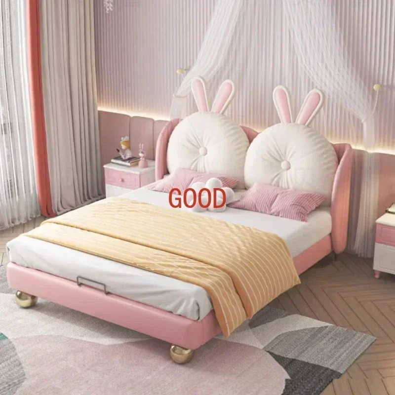 

Cute Children's Bed Rabbit Shape Leather Bed For Girl Kids Bedroom Furniture Natural Down Wood Bed For Kids Cama Infantil