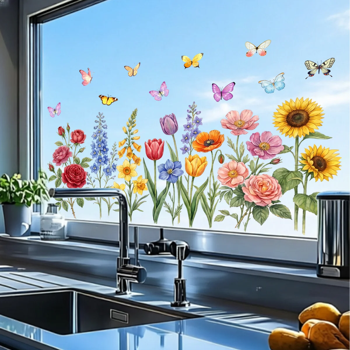 Static PVC Window Clings with Layered Floral Composition Including Sunflowers Lavender and Butterflies for Any Glass Area