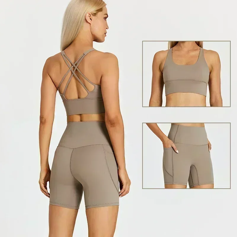 

Lemon Women's Pockets Yoga Shorts Set Women Fitness Suit 2 Piece Sports Gym Wear Workout Clothes Running Sportswear Sport Outfit