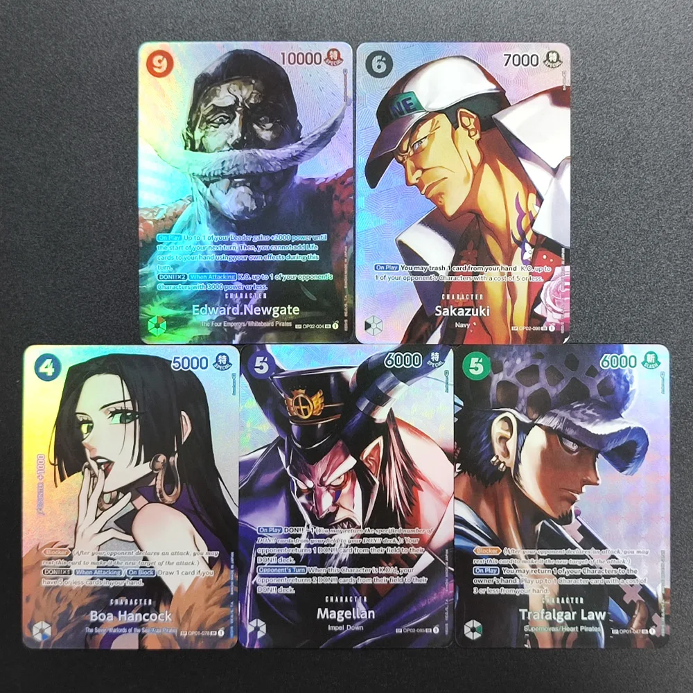 DIY 원피스 OPCG 일본어/영어 OP04 음모의 왕국 보아 핸콕 뉴게이트 로우 마젤란 사카즈키 애니메이션 플래시 카드 장난감
