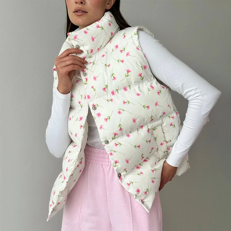 

Жилет с принтом, хлопковый пуховик, женский воротник-стойка, без рукавов, теплая хлопковая куртка с карманами, осенне-зимнее новое пригородное пальто