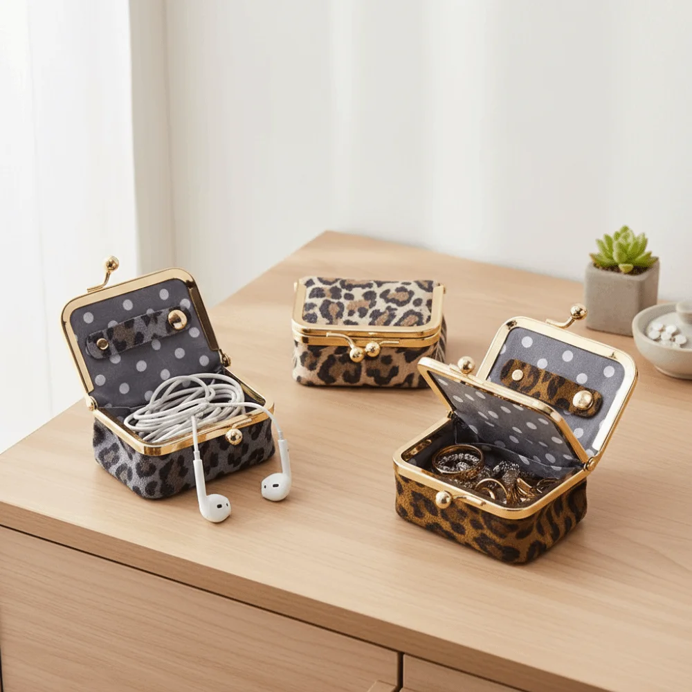 New Leopard Print Kiss Lock Coin Purse Leather Solid Color Jewelry Storage Bag Jewelry Box Mini Mini Coin Wallet Women