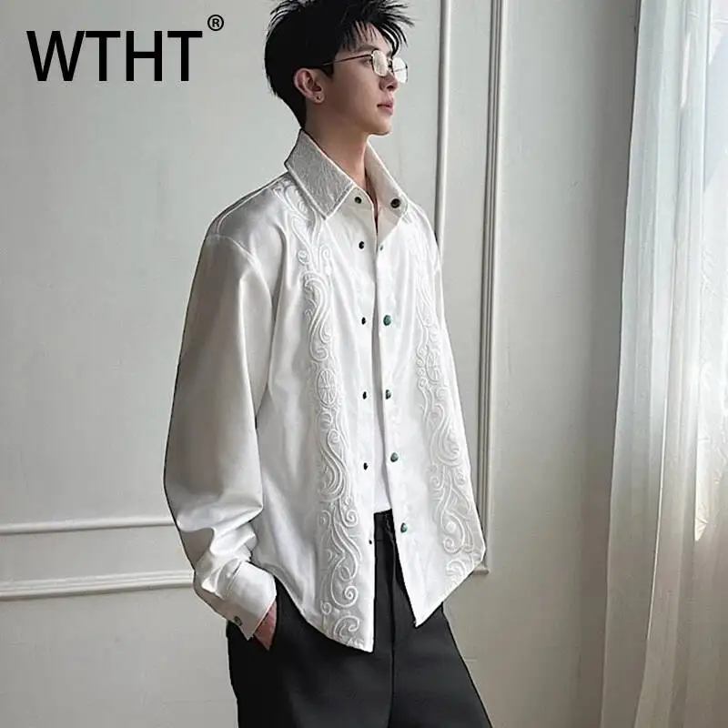 

WTHT Fashion Men's Solid Color Flower Embroidery Loose Shirts Trendy 2026 Summer Single Breasted Long Sleeves Tops Male 2A3061