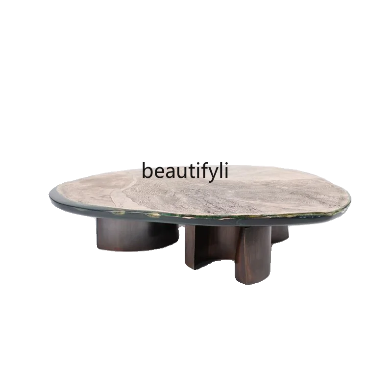 

Light luxury walnut feet transparent resin Mason mountain copper coffee table living room combination table