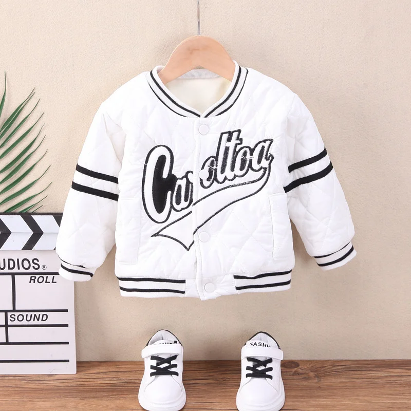 2023 New Kids Fleece Baseball Jackets Autumn Winter Warm Outerwear Fashion Letter Pattern Coats Children Clothes 1-5 Years