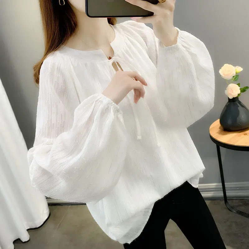 Stylish Solid Color O-Neck All-match Lace Up Chiffon Blouse Women\'s Clothing 2022 Autumn New Casual Pullovers Loose Sweet Shirt