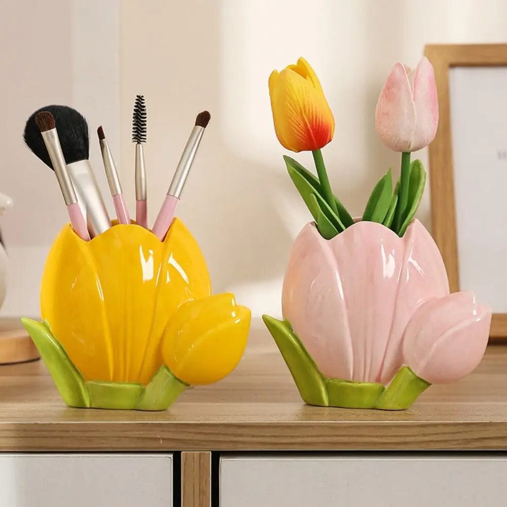 Cute Tulip Flower Pen Holder Ceramic Retro Makeup Brush Storage Bucket Large Capacity Multifunction Stationery Shelf Girl