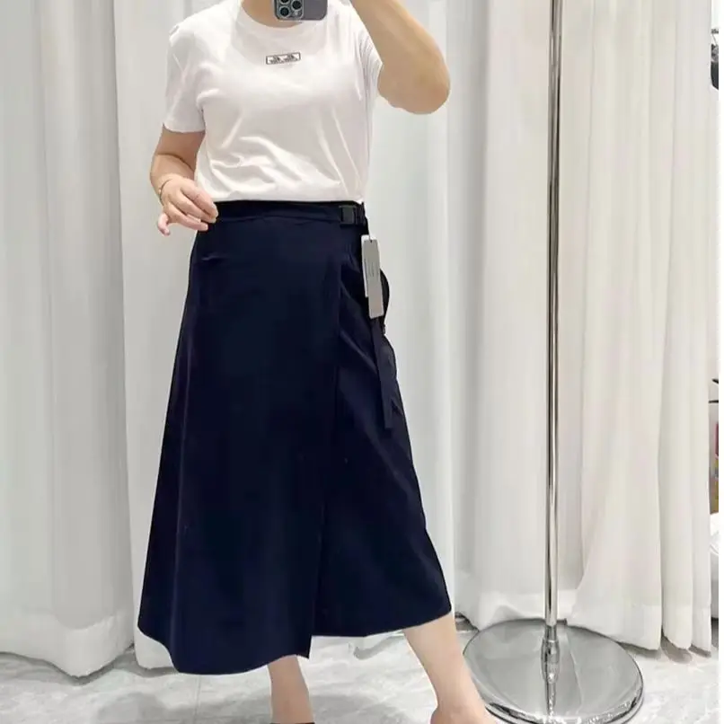 Wrap Midi Skirt for Women Dark Navy Quick Dry Water‑Repellent Adjustable Buckle Skirt OL Commuter Anti‑Wrinkle Casual Skirt