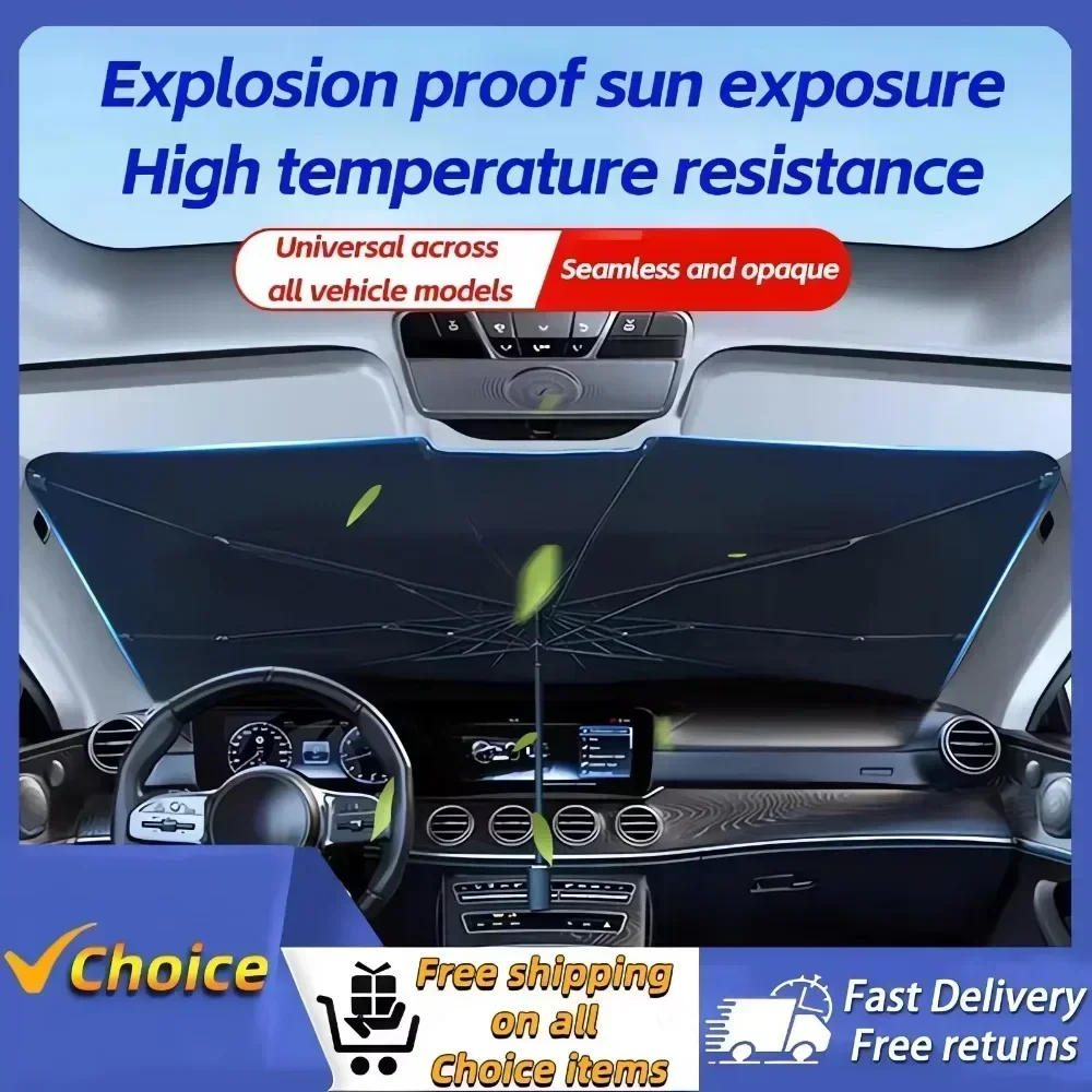 Car Windshield Sun Shade, Foldable Umbrella Sunshade/Cover for Most Cars Reflective Sunshade for Car Front Windshield view 3