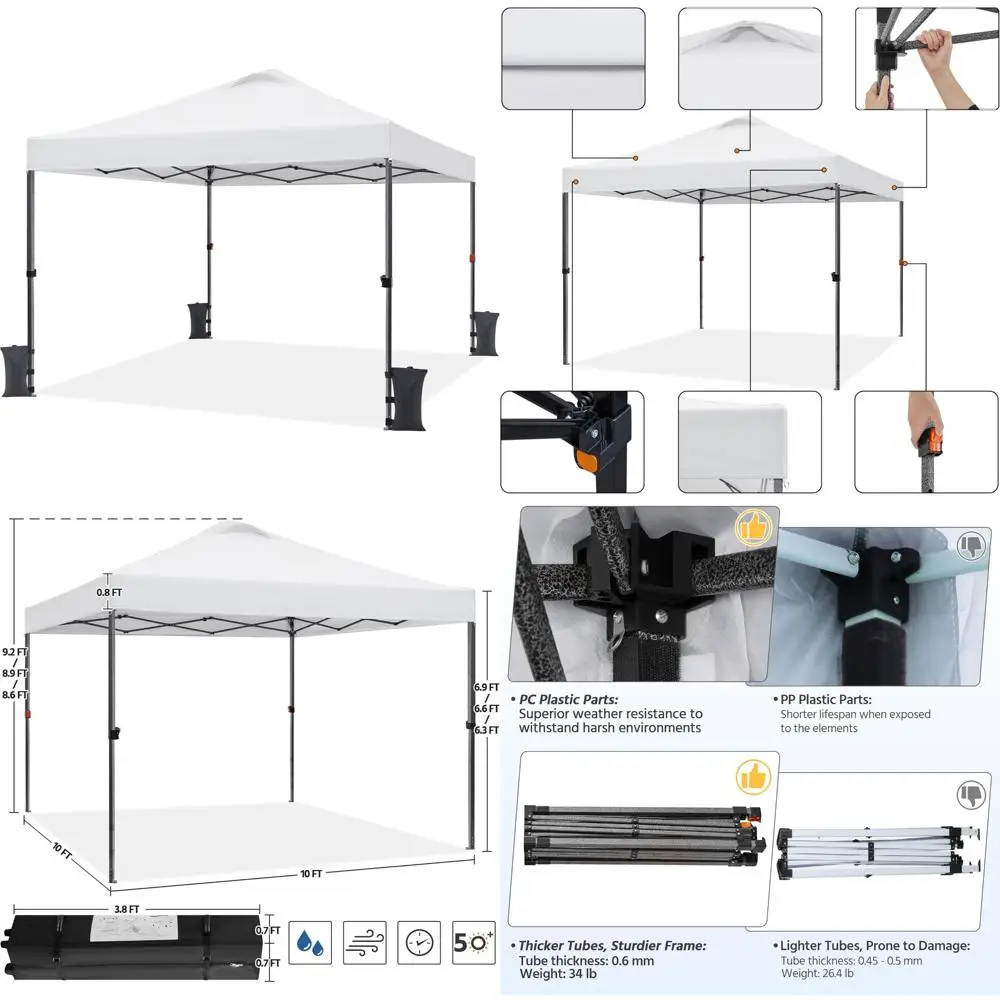 

10x10 Instant Outdoor Canopy Tent - 150D Silver Coated Fabric with Wheeled Bag, 4 Sandbags, 8 Stakes for Commercial Use
