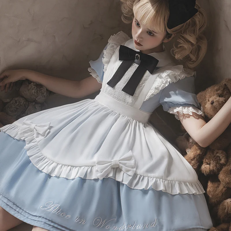 Robe Gothique Lolita OP de Style Harajuku pour Femme, Tenue de Princesse à Volants avec Nministériels d Kwaii, en Patchwork Bleu et Blanc, Mini Tenue de Tea Party Japonaise