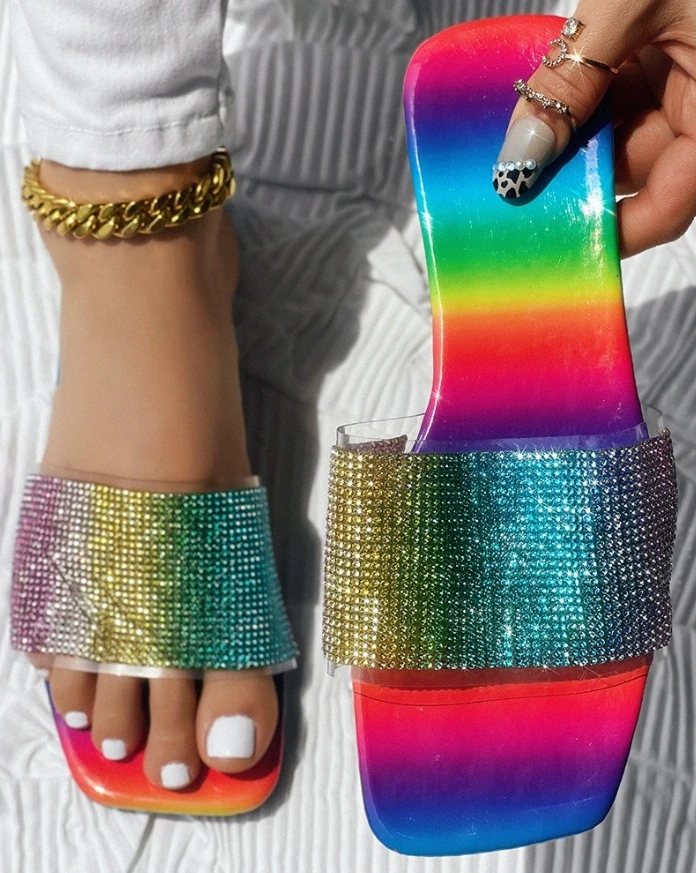 

Slippers Woman 2025 New Fashion Rainbow Ombre Rhinestone Square Toe Slippers Casual Beach Vacation Flat Slippers