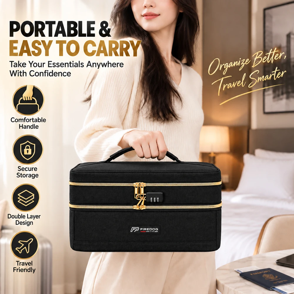 FIREDOG Large Capacity Double-Layer Makeup Bag with Combination Lock, Portable Travel Cosmetic Organizer Case