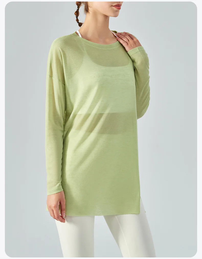 Women's Side Slit Yoga Cover Up Long Sleeve Lightweight Loose Athletic Shirt Summer Running Gym Wear Fitness Top Loose Athletic