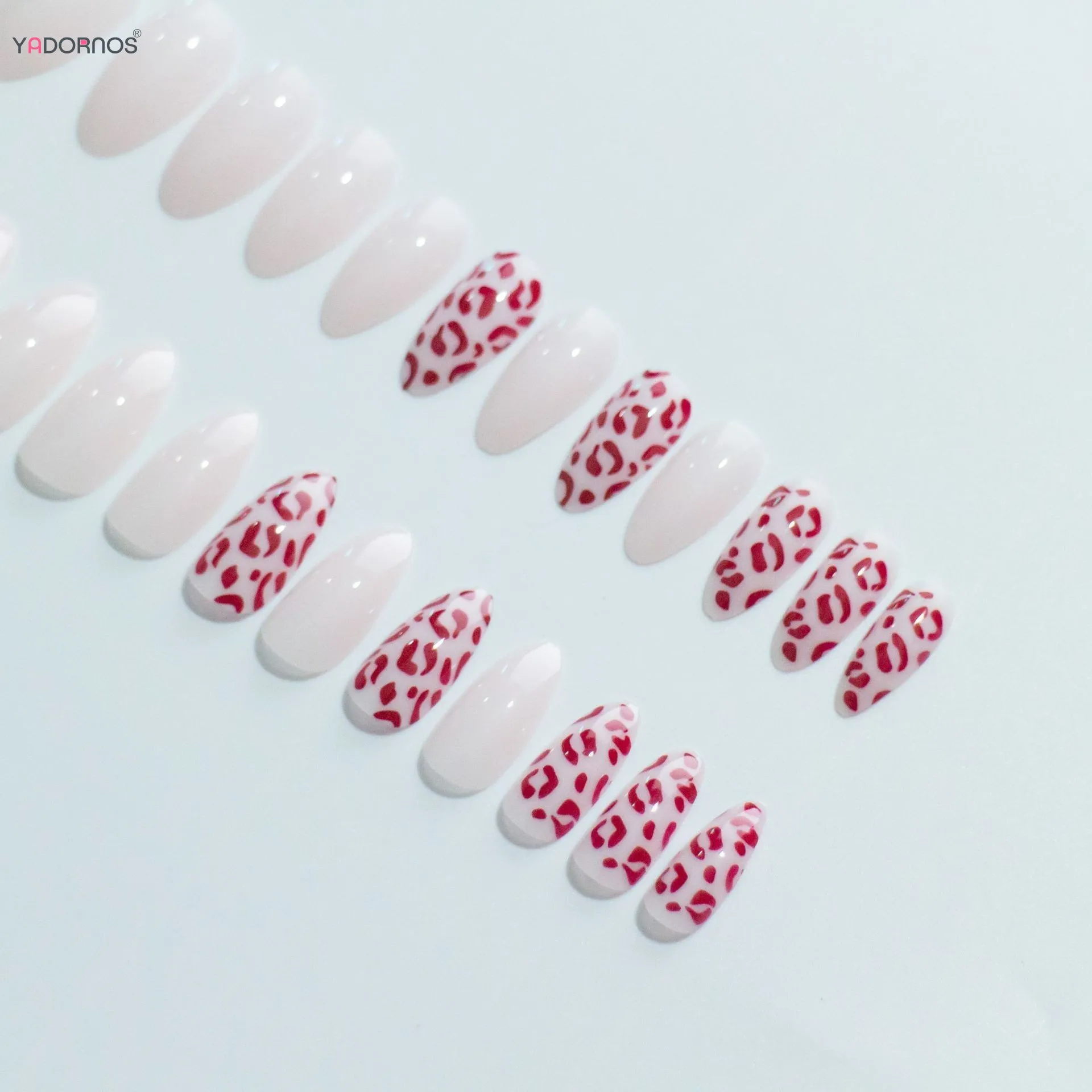 24Pcs Almond Press On Nails White False Nails With Rose Pink Leopard Print Designs Full Cover Fashionable Sweet Fake Nail Tips