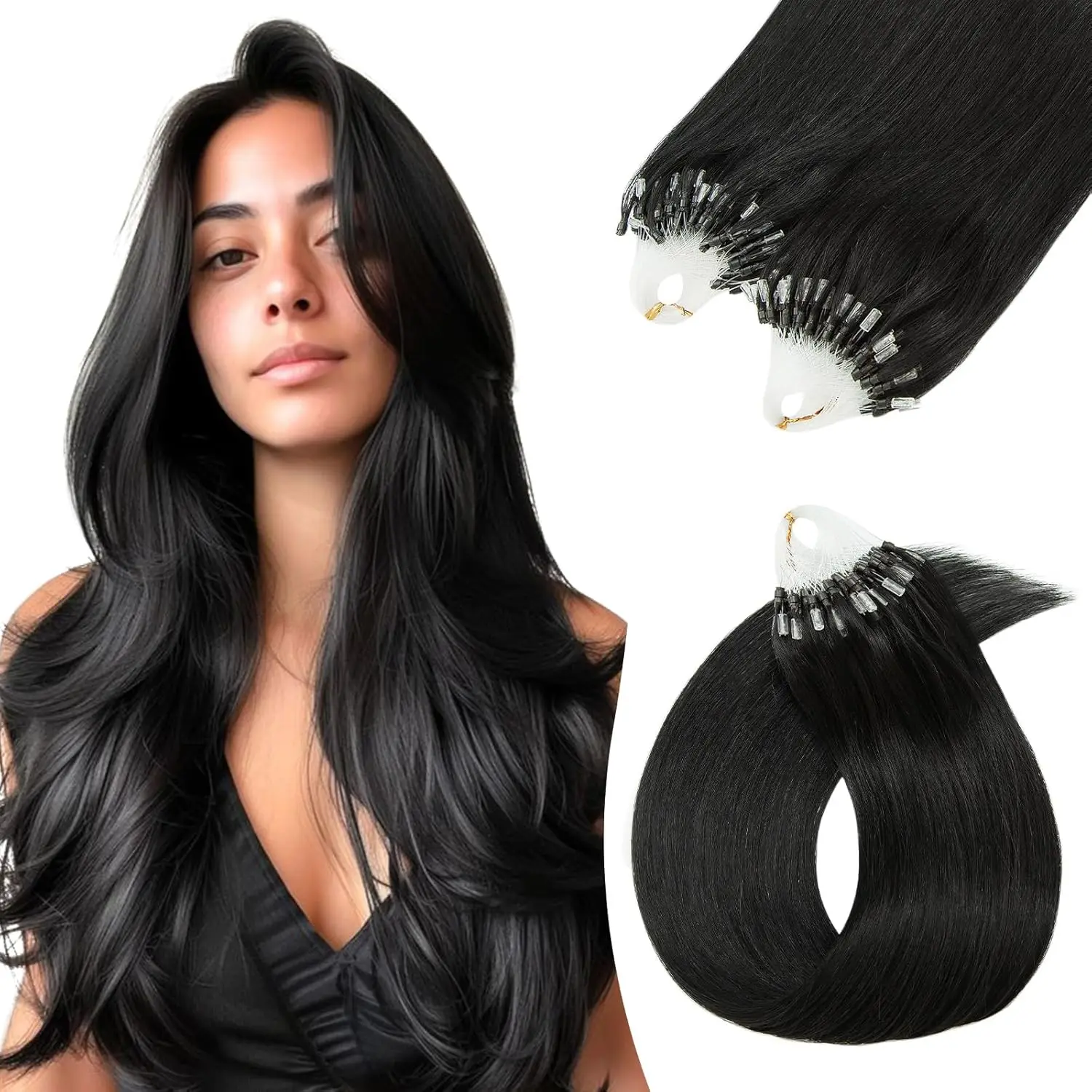 Micro Loop Human Hair Extensions - 50 Strands Thick Straight Clip-In Hair for Instant Volume & Length