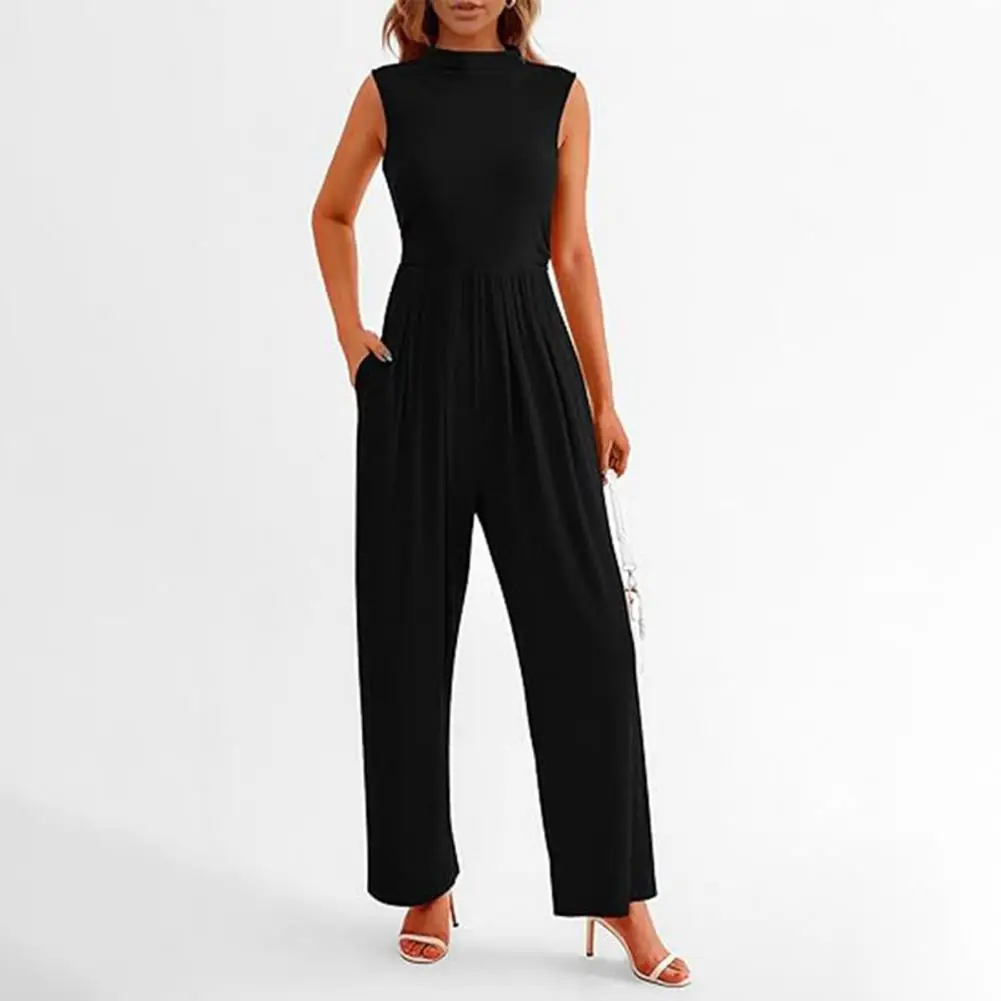 

Stretchy Jumpsuit Elegant Formal Jumpsuit with Wide Leg High Waist for Women Chic Summer Commute Outfit with Pockets Pleated