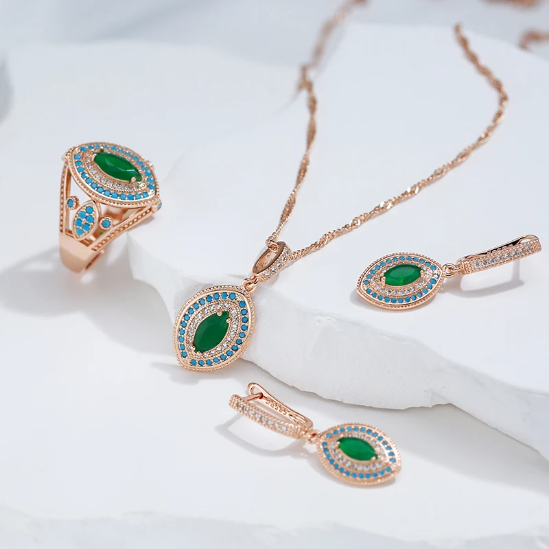 Kinel Hot 585 Rose Gold Color Long Pendant Necklace Women Fashion Green With Blue Natural Zircon Wedding Daily Vintage Jewelry