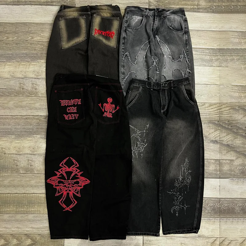 

Y2K Vintage Washed Jeans Gothic Punk Style Embroidery Design High Waist Loose Wide Leg Jeans Casual Men Women Hip Hop Streetwear