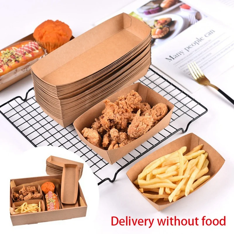 200Pcs Disposable Kraft Paper Food Serving Tray Foldable Coating Snack Open Box Hot Dog Fries Chicken Box Kraft Paper