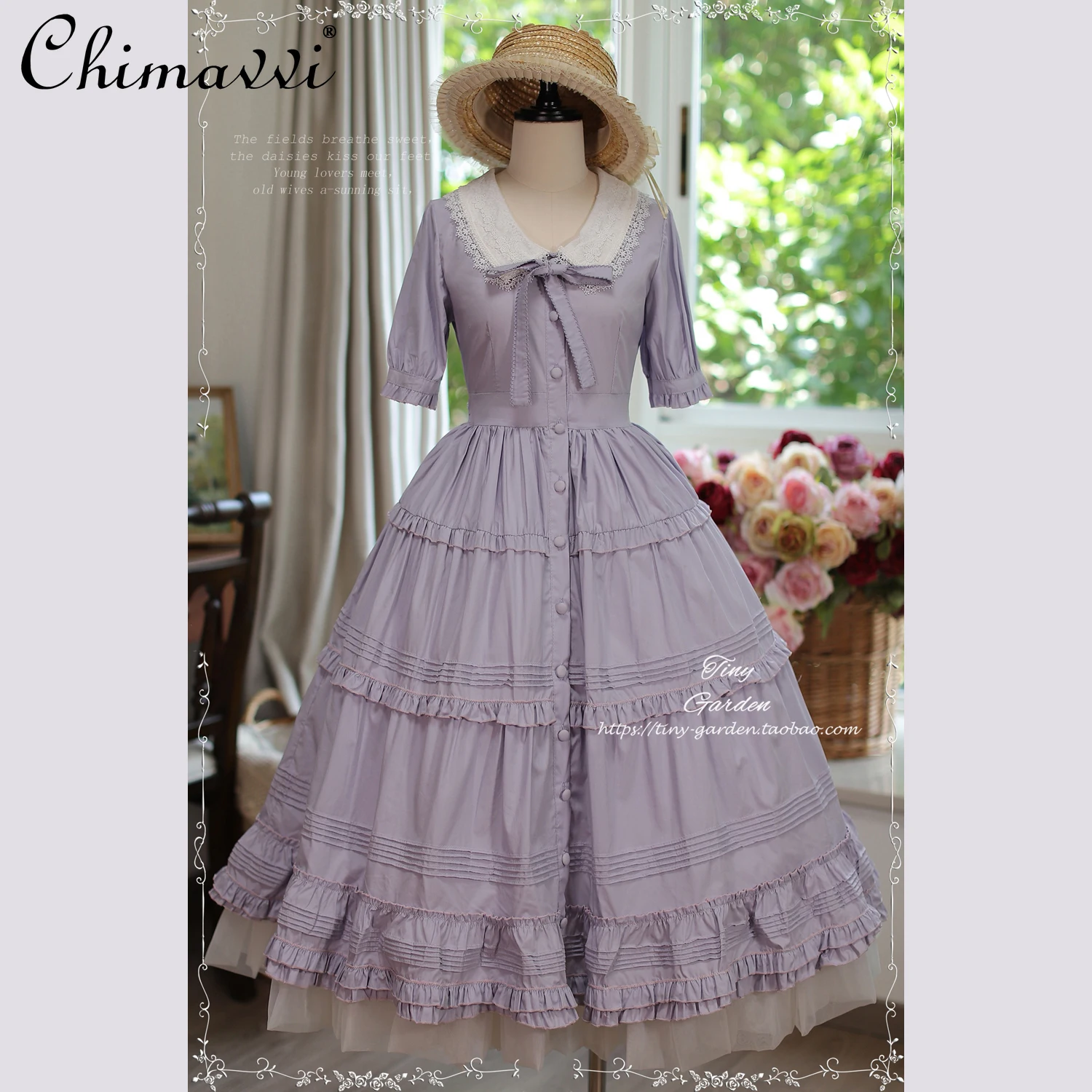 

French Style Sweet Girl Female Lace Collar Short Sleeve OP Dress for Women Summer New Single-breasted Lolita Long Dresses