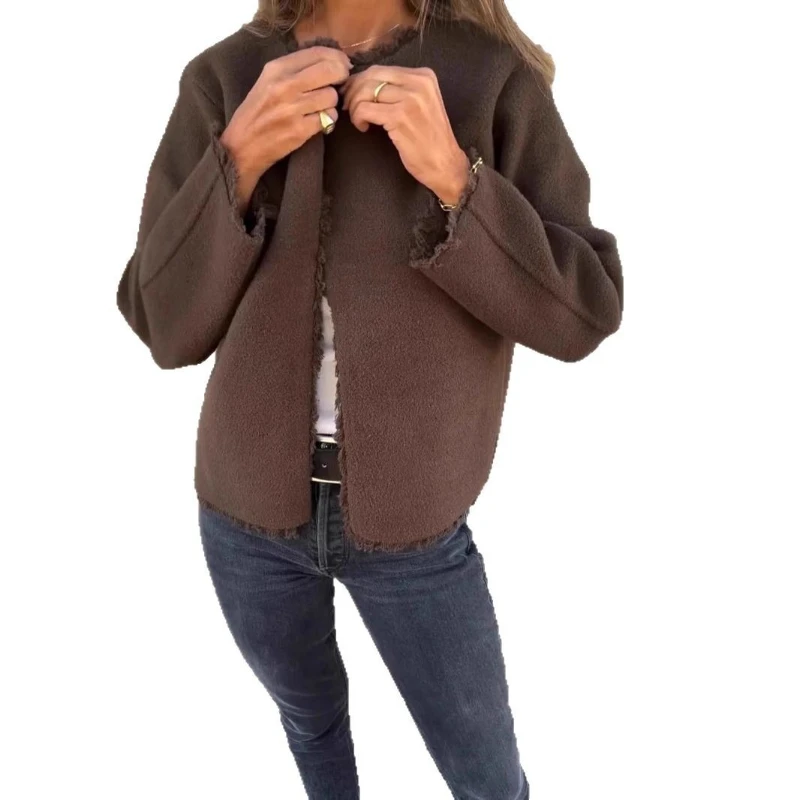 Frauen Wolle Mäntel Blends Jacken Rundhals Volle Hülse Mantel Dicke Warme Y2k Streetwear Jacke Elegante Oberbekleidung Herbst Winter